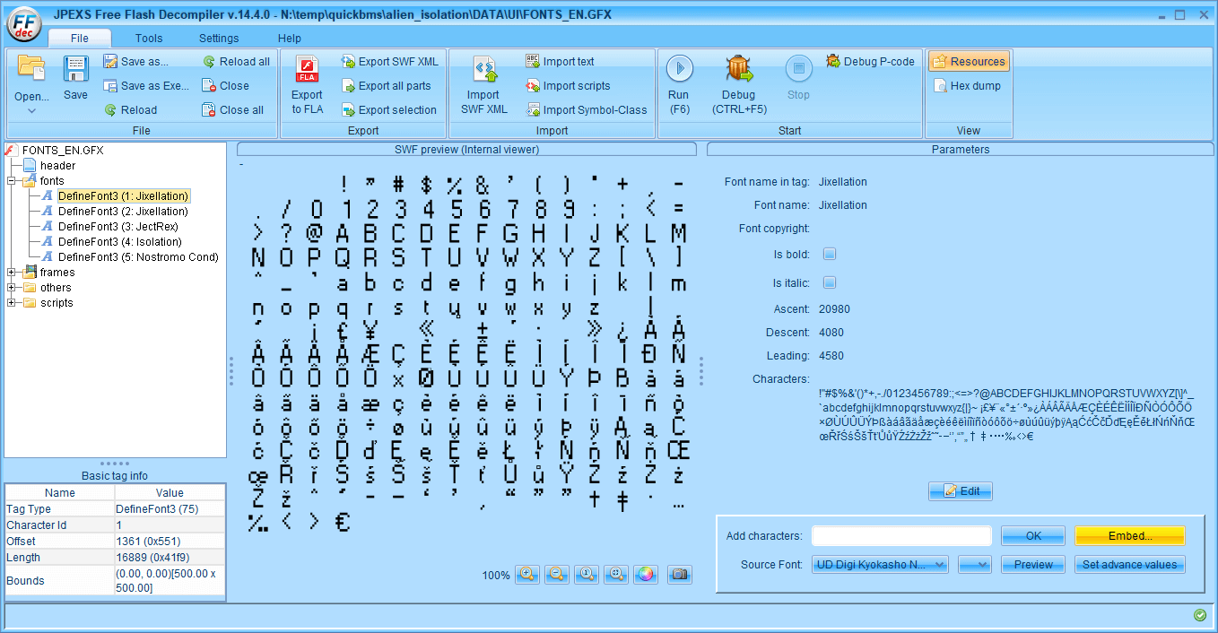 PC ゲーム ALIEN: ISOLATION 日本語化とゲームプレイ最適化メモ、PC ゲーム ALIEN: ISOLATION 解析情報、ALIEN: ISOLATION 日本語フォント追加方法、UI.PAK ファイルを QuickBMS でアンパック後、アンパック先フォルダ\DATA\UI フォルダにある FONTS_EN.GFX ファイルを FFDec で開く、fonts ツリーで追加したいフォント DefineFont3 （1: Jixellation、2: Jixellation、4: Isolation）を選択した状態で画面右下にある Embed ボタンをクリック