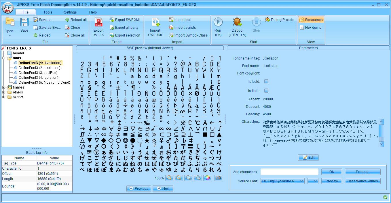 PC ゲーム ALIEN: ISOLATION 日本語化とゲームプレイ最適化メモ、PC ゲーム ALIEN: ISOLATION 解析情報、ALIEN: ISOLATION 日本語フォント追加方法、UI.PAK ファイルを QuickBMS でアンパック後、アンパック先フォルダ\DATA\UI フォルダにある FONTS_EN.GFX ファイルを FFDec で開く、fonts ツリーで追加したいフォント DefineFont3 （1: Jixellation、2: Jixellation、4: Isolation）を選択した状態で画面右下にある Embed ボタンをクリック、Font embedding 画面で上部にある TTF file かフォルダアイコンをクリック、追加したい日本語 ttf フォントを選択、Font embedding 画面に戻り、Japanese Kana と Japanese Kanji - Level 1 にチェックマークを入れて OK ボタンをクリック、Warning 画面で Yes to all をクリック、Warning 画面で Yes ボタンをクリック、fonts ツリーが太字になり日本語フォント追加済み