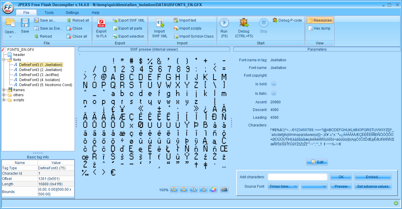 PC ゲーム ALIEN: ISOLATION 日本語化とゲームプレイ最適化メモ、PC ゲーム ALIEN: ISOLATION 解析情報、ALIEN: ISOLATION フォント情報、FONTS_EN.GFX ファイルを FFDec で開いたところ、fonts ツリーにある DefineFont3 (1: Jixellation)