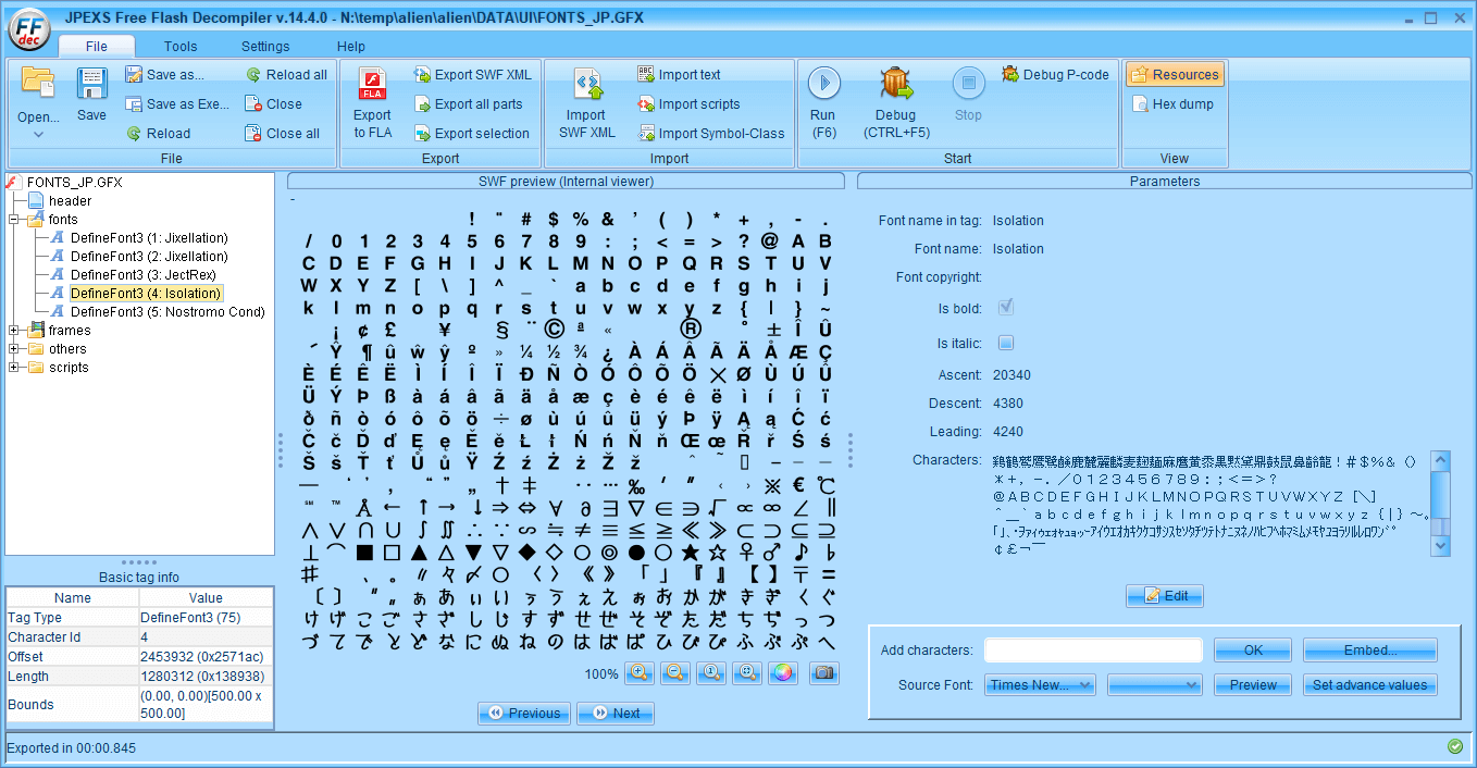 PC ゲーム ALIEN: ISOLATION 日本語化とゲームプレイ最適化メモ、PC ゲーム ALIEN: ISOLATION 解析情報、ALIEN: ISOLATION フォント情報、日本語フォント対応 FONTS_JP.GFX ファイルを FFDec で開いたところ、fonts ツリーにある DefineFont3 (4: Isolation)