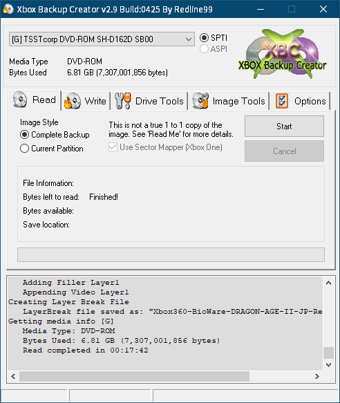 東芝サムスン製 DVD ドライブ TS-H352D の SH-D162D 化メモ、DVD ドライブ SH-D162D と Xbox Backup Creator で Xbox 360（XGD2）ディスクダンプ結果、Dragon Age II（Xbox 360） ディスクバックアップ終了後 Xbox Backup Creator 画面 Bytes Used 6.81 GB - Bytes left to read : Finished!