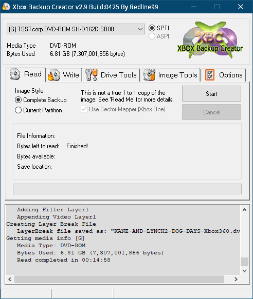 東芝サムスン製 DVD ドライブ TS-H352D の SH-D162D 化メモ、DVD ドライブ SH-D162D と Xbox Backup Creator で Xbox 360（XGD2）ディスクダンプ結果、ケイン&リンチ: ドッグ・デイズ（Xbox 360） ディスクバックアップ終了後 Xbox Backup Creator 画面 Bytes Used 6.81 GB - Bytes left to read : Finished!