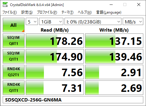 【CrystalDiskMark 8.0.4】SDSQXCD-256G via SDDR-B531